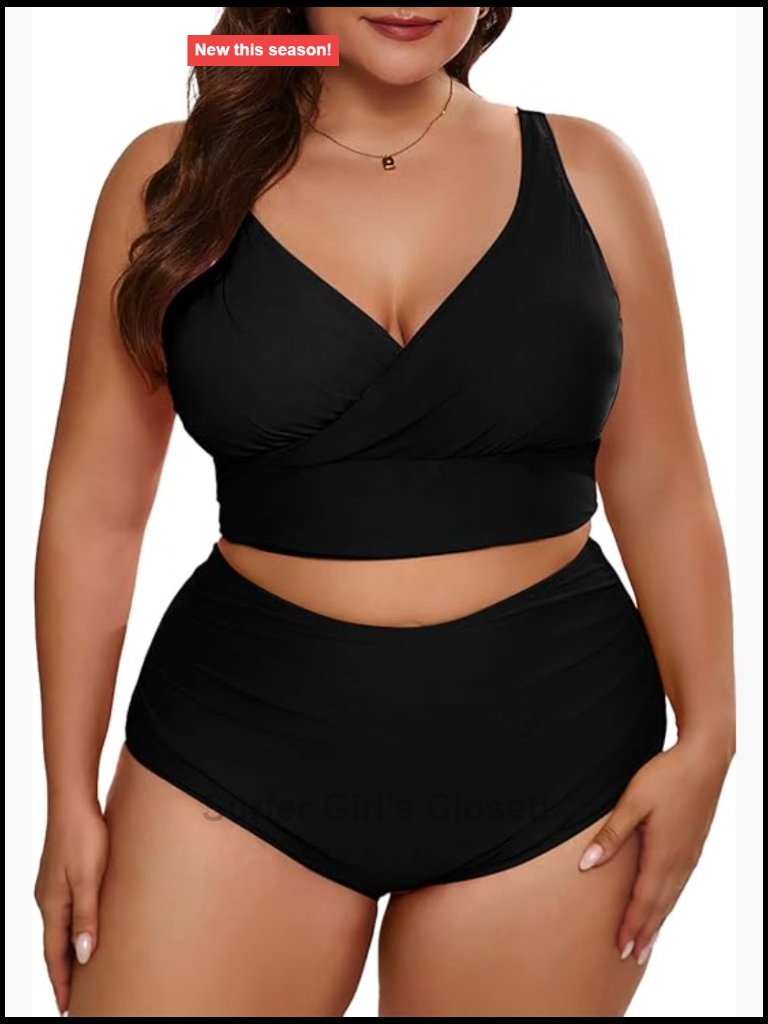 Plus Size High Waisted Bikini Set V Neck Two Piece Color Block Swimsuits